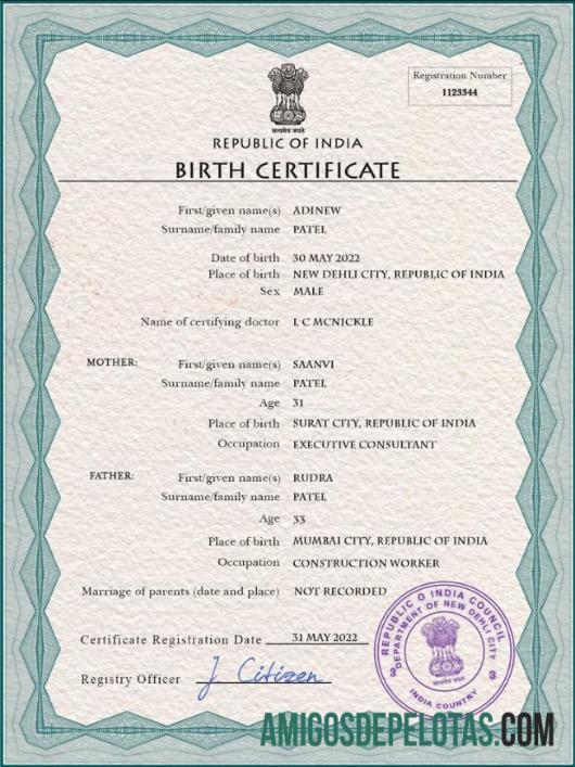 Em branco modelo PSD de certidão de nascimento de registro vital da Índia